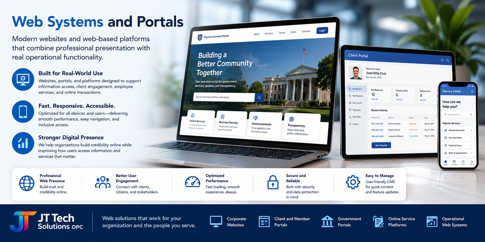 Web platforms designed for professional presentation and operational access.